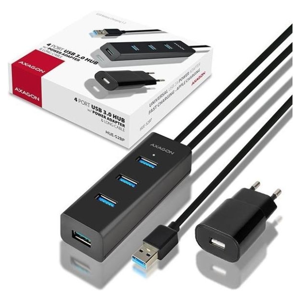 Axagon Charging Hub HUE-S2BP 4x USB 3.2 Gen 1, 1.2m Cable, MicroUSB Charging, Incl. AC Adapter