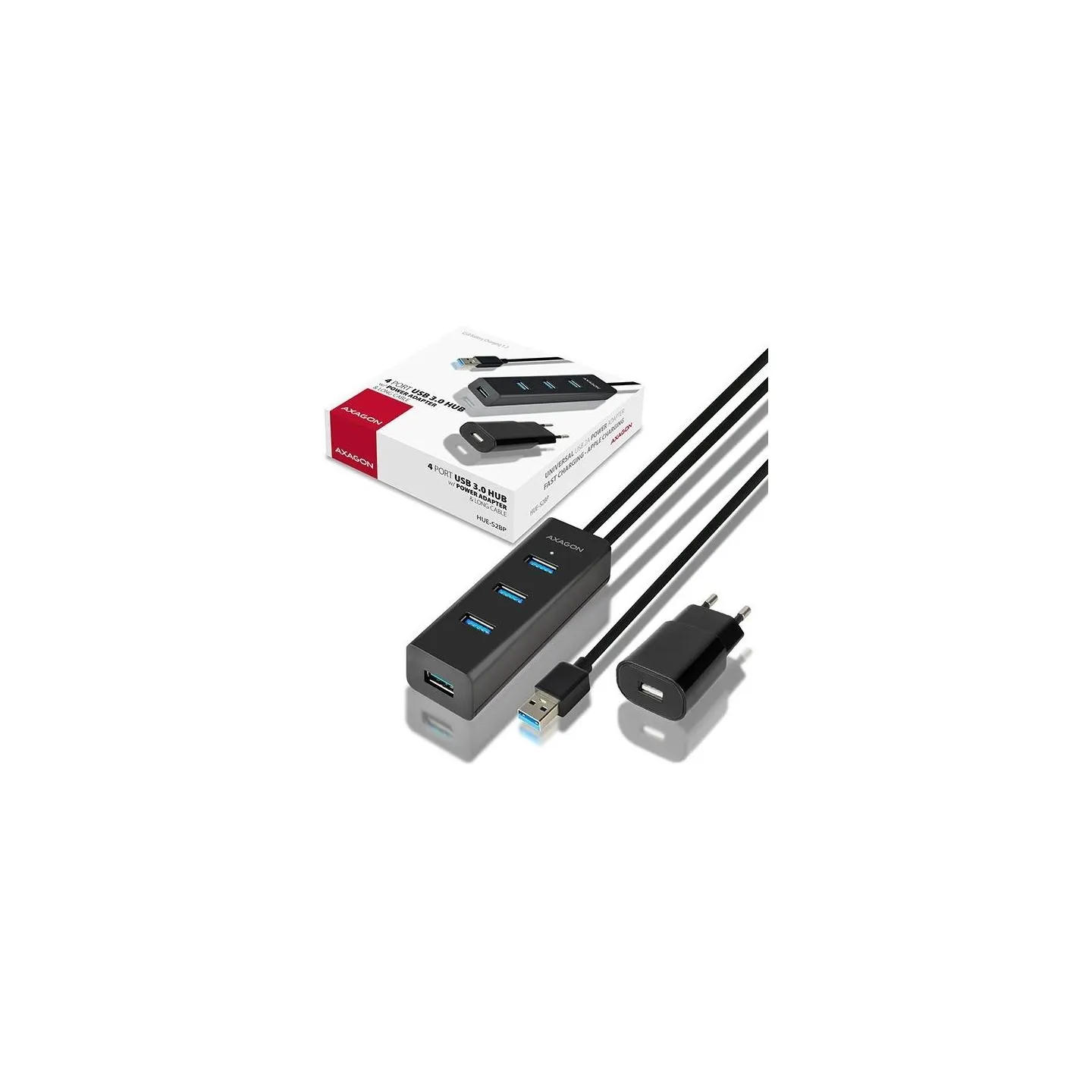 Axagon Charging Hub HUE-S2BP 4x USB 3.2 Gen 1, 1.2m Cable, MicroUSB Charging, Incl. AC Adapter