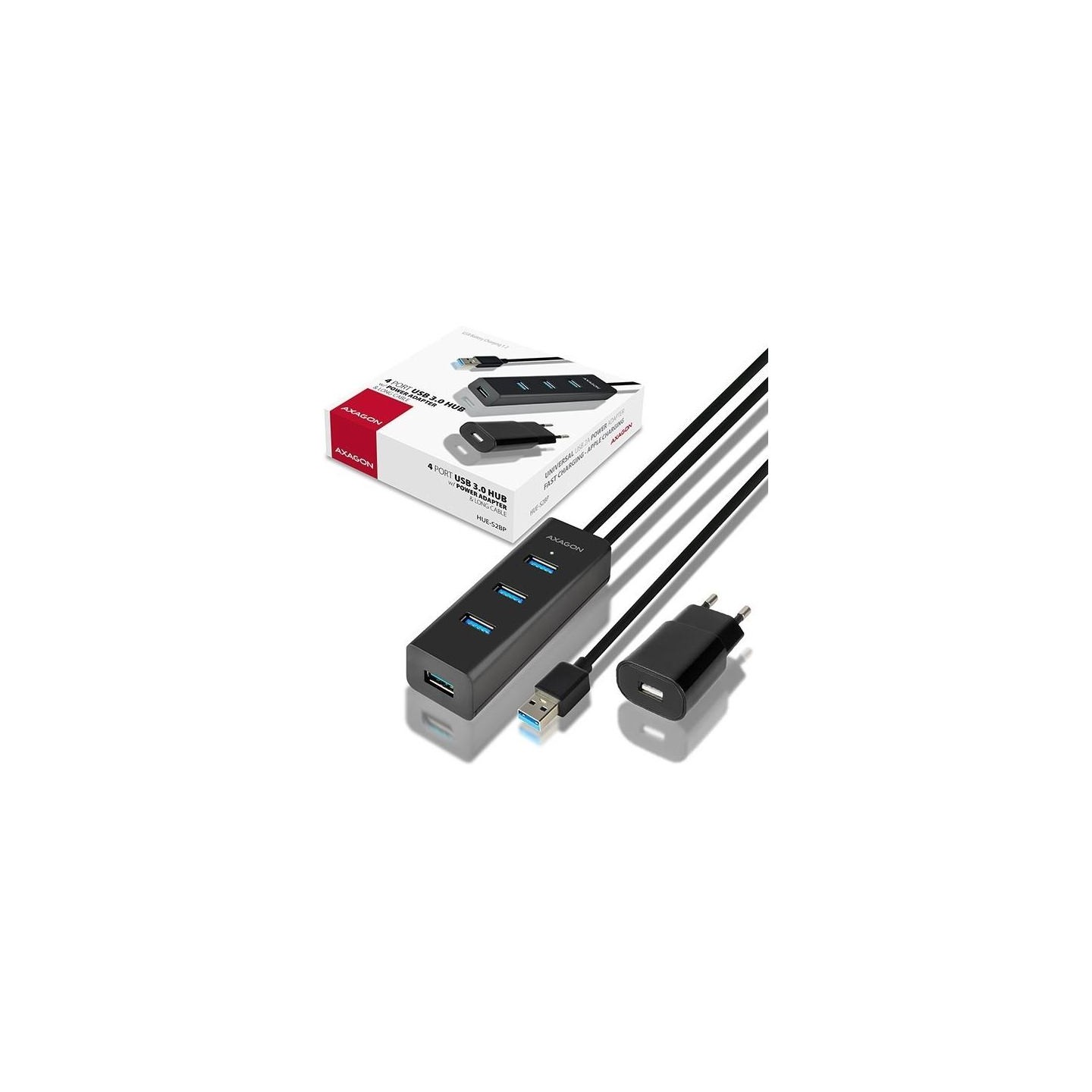 Axagon HUE-S2BP 4x USB3.0 Charging Hub 1.2m Cable, MicroUSB Charging, Incl. AC Adapter