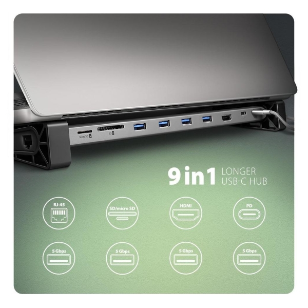 Axagon HMC-10HLS, USB 5Gbps hub, 4x USB-A, HDMI 4K/60Hz, RJ-45, SD/microSD, PD 100W, 25cm USB-C cable
