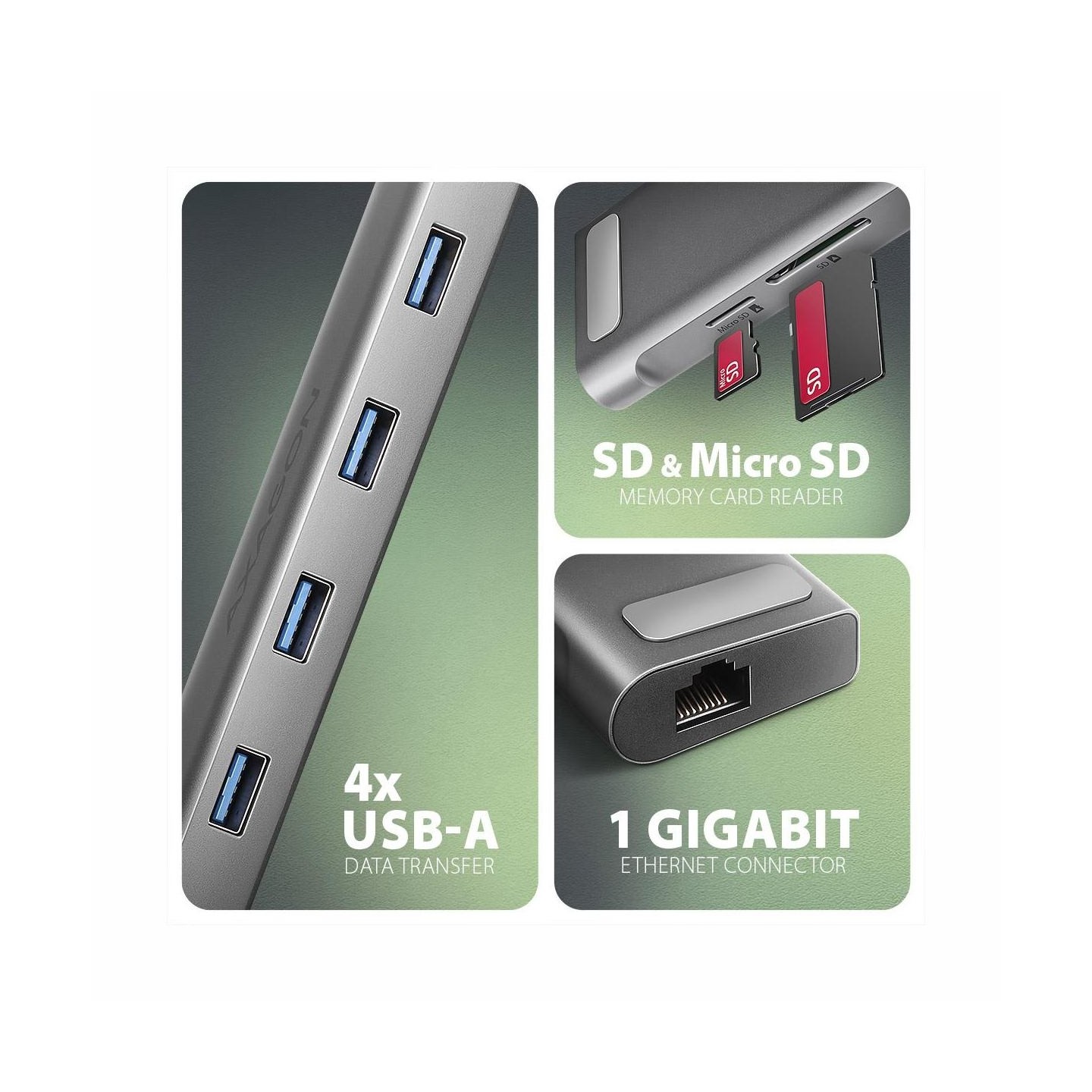 Axagon HMC-10HLS, USB 5Gbps hub, 4x USB-A, HDMI 4K/60Hz, RJ-45, SD/microSD, PD 100W, 25cm USB-C cable
