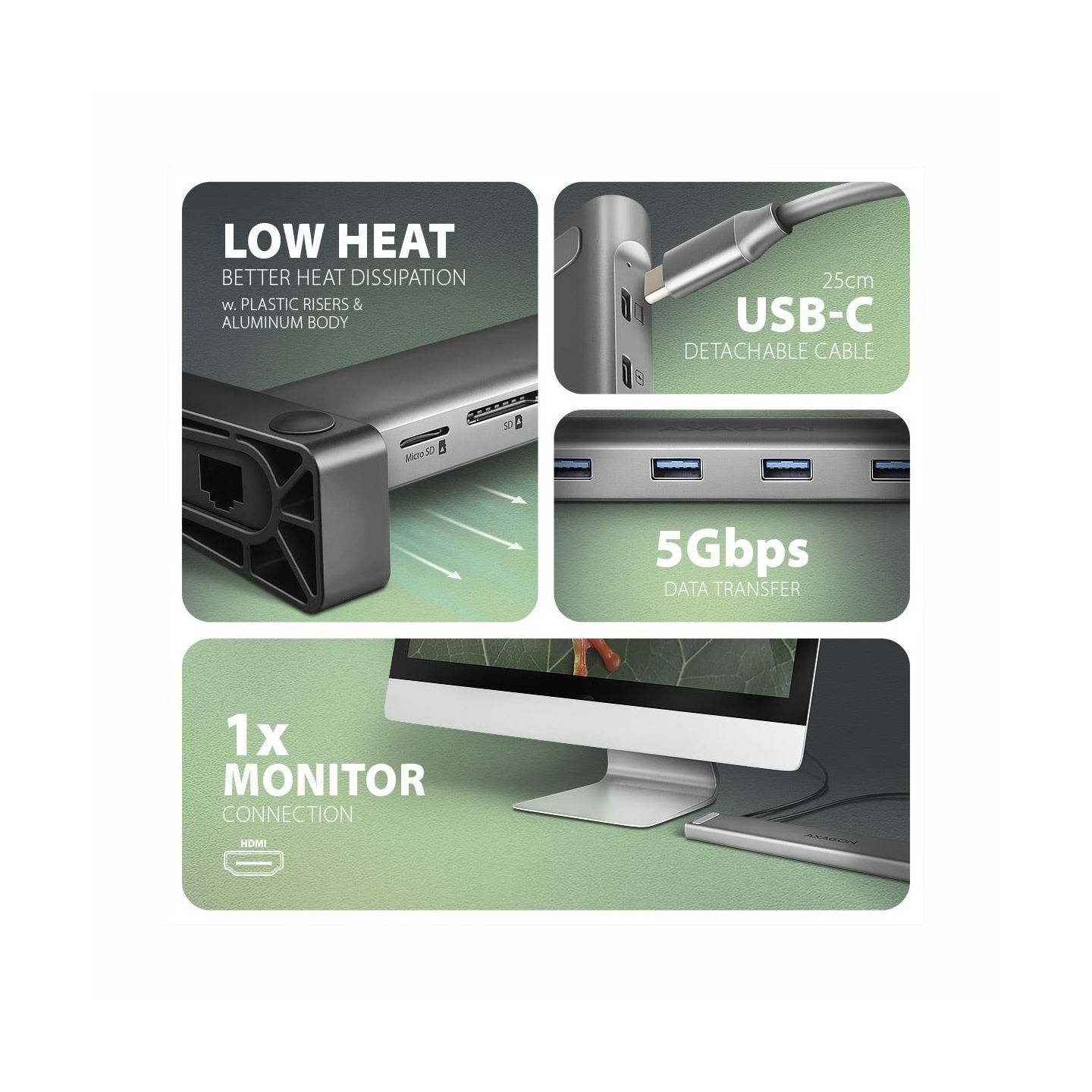 Axagon HMC-10HLS USB hub 10in1 5Gbps,4xUSB,HDMI,LAN,SD