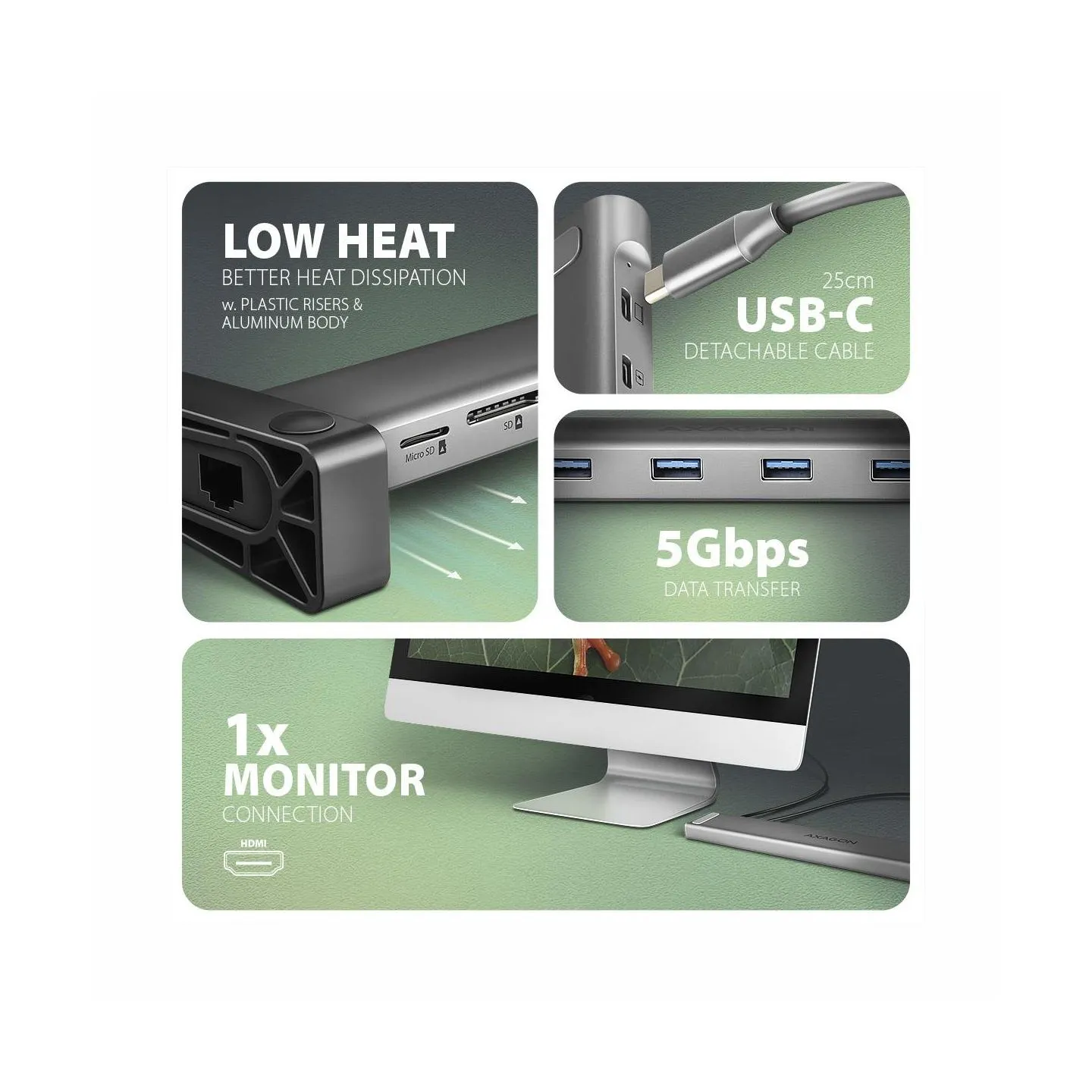 Axagon HMC-10HLS USB hub 10in1 5Gbps,4xUSB,HDMI,LAN,SD