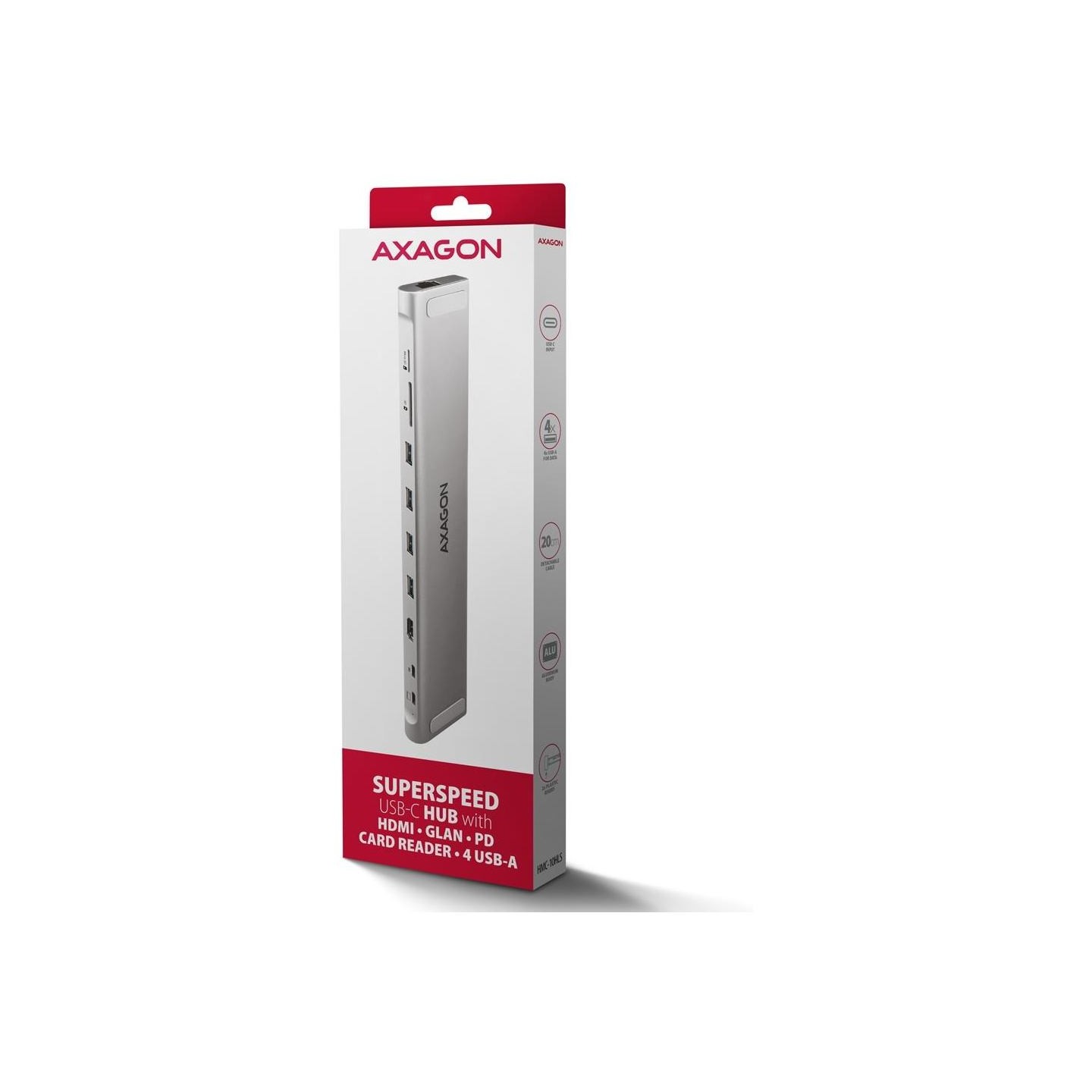 Axagon HMC-10HLS, USB 5Gbps hub, 4x USB-A, HDMI 4K/60Hz, RJ-45, SD/microSD, PD 100W, 25cm USB-C cable