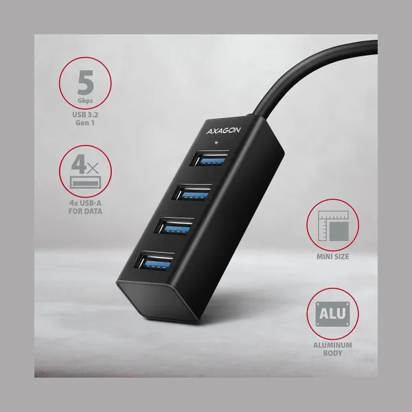 Axagon HUE-M1C 4x USB3.2 Gen 1 MINI hub, metal, 20cm USB-C cable
