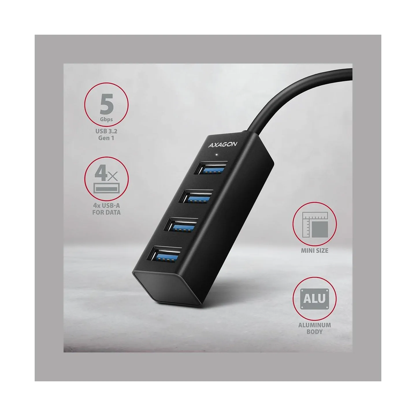 Axagon HUE-M1C 4x USB3.2 Gen 1 MINI hub, metal, 20cm USB-C cable