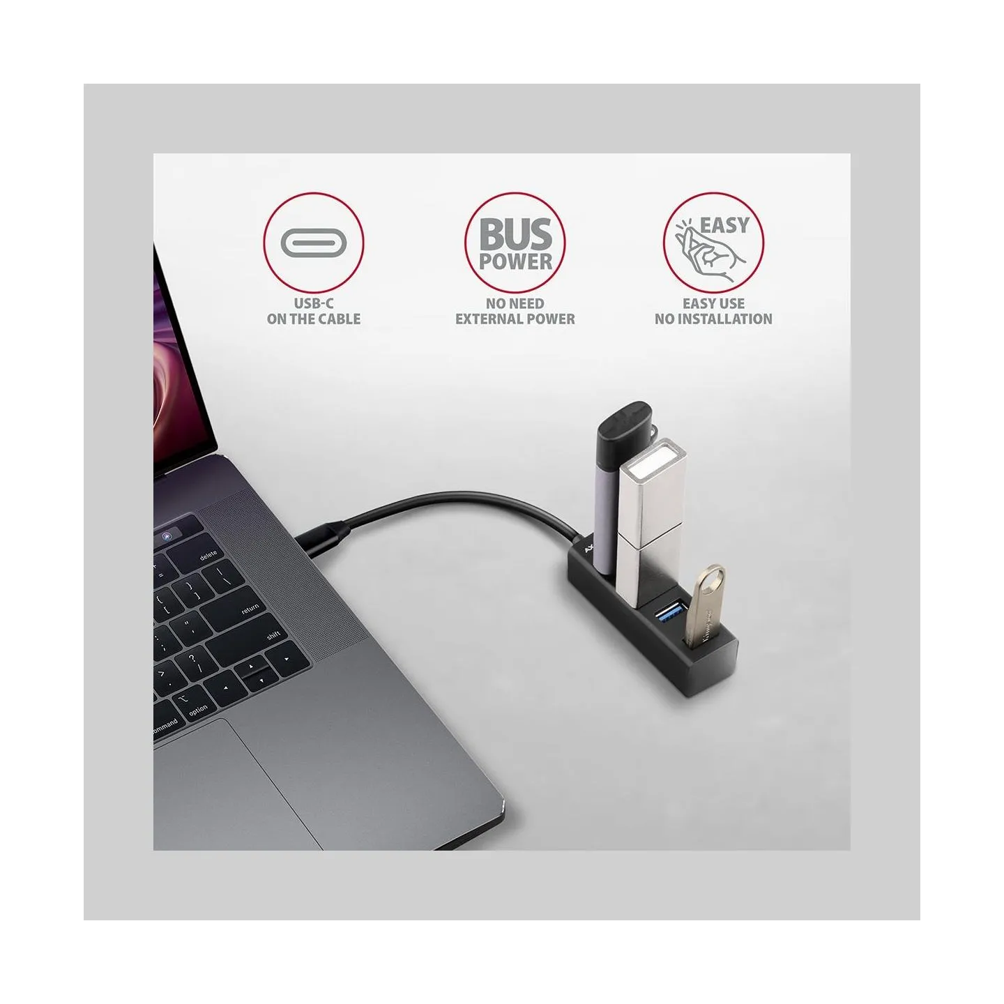 Axagon HUE-M1C 4x USB3.2 Gen 1 MINI hub, metal, 20cm USB-C cable