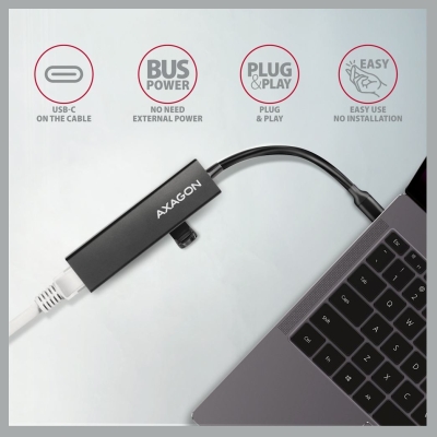Axagon Network card HMC-GL3A 3x USB-A + GLAN, USB 3.2 Gen 1 hub, metal, 20cm USB-C cable