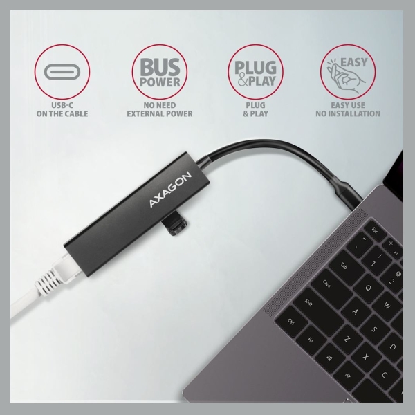 Axagon Network card HMC-GL3A 3x USB-A + GLAN, USB 3.2 Gen 1 hub, metal, 20cm USB-C cable
