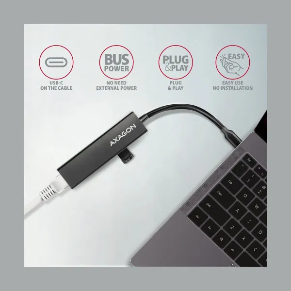 Axagon Network card HMC-GL3A 3x USB-A + GLAN, USB 3.2 Gen 1 hub, metal, 20cm USB-C cable