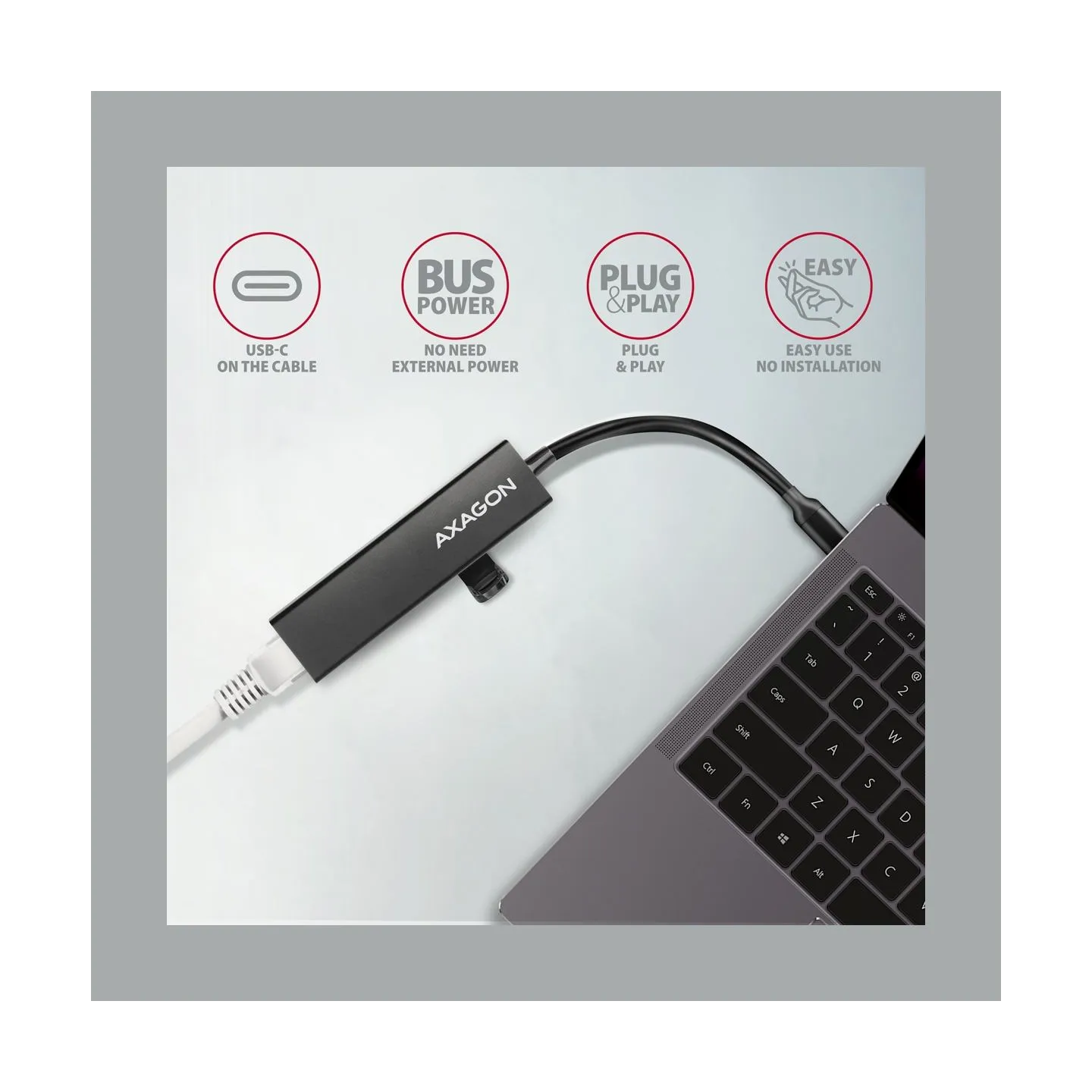Axagon Network card HMC-GL3A 3x USB-A + GLAN, USB 3.2 Gen 1 hub, metal, 20cm USB-C cable