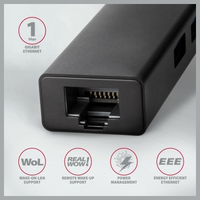 Axagon Network card HMC-GL3A 3x USB-A + GLAN, USB 3.2 Gen 1 hub, metal, 20cm USB-C cable