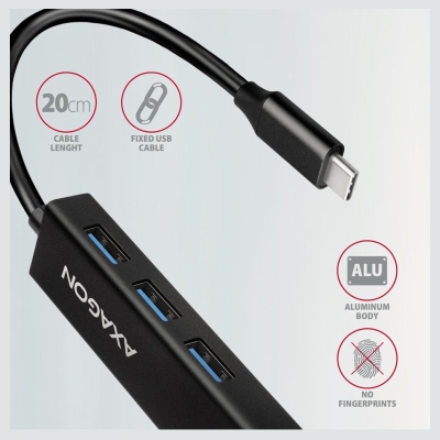 Axagon Network card HMC-GL3A 3x USB-A + GLAN, USB 3.2 Gen 1 hub, metal, 20cm USB-C cable