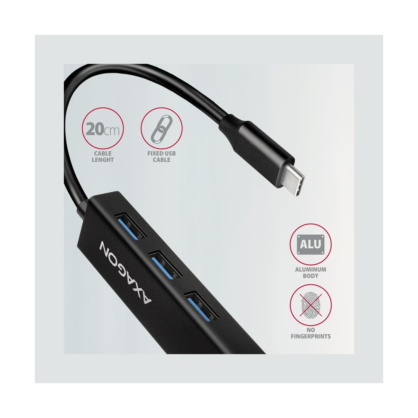 Axagon Network card HMC-GL3A 3x USB-A + GLAN, USB 3.2 Gen 1 hub, metal, 20cm USB-C cable