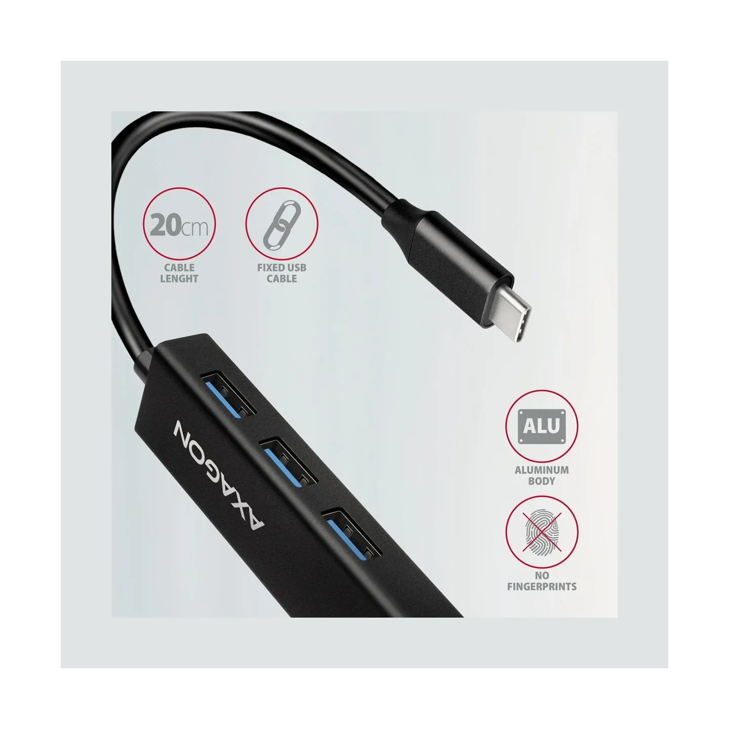 Axagon Network card HMC-GL3A 3x USB-A + GLAN, USB 3.2 Gen 1 hub, metal, 20cm USB-C cable