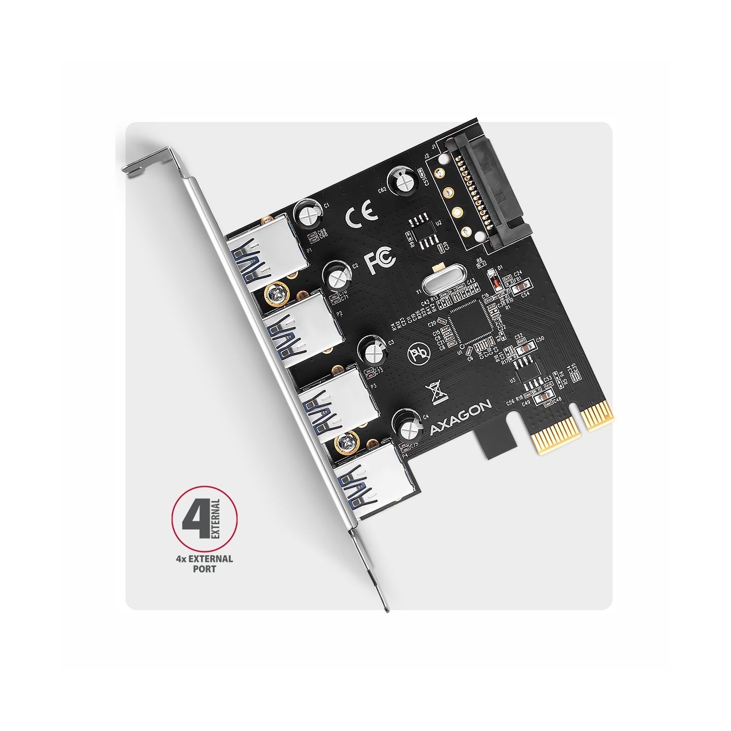 Axagon PCEU-430RS PCIe card - 4x USB 5Gbps port, SATA power, Renesas PD720201, SP