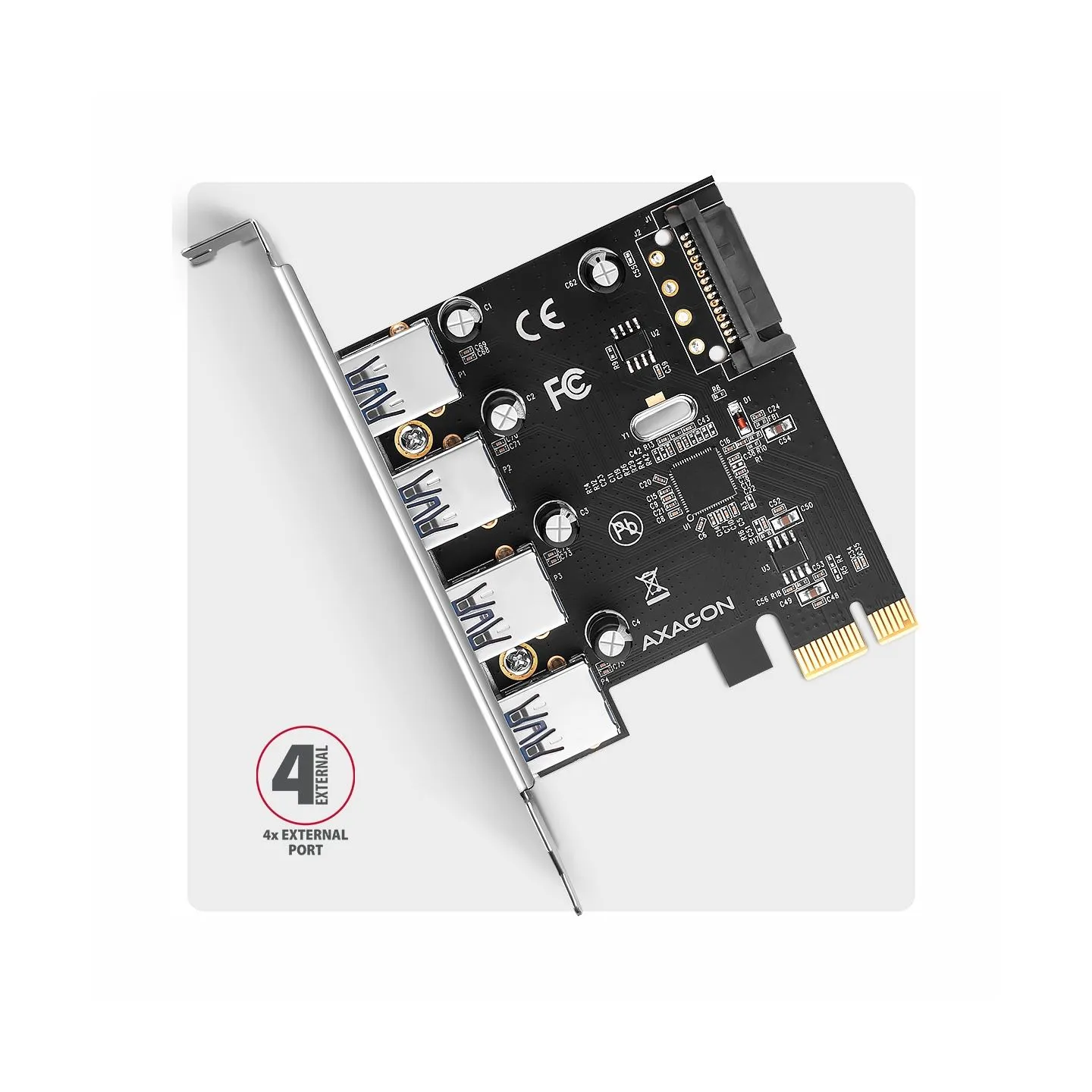 Axagon PCEU-430RS PCIe card - 4x USB 5Gbps port, SATA power, Renesas PD720201, SP