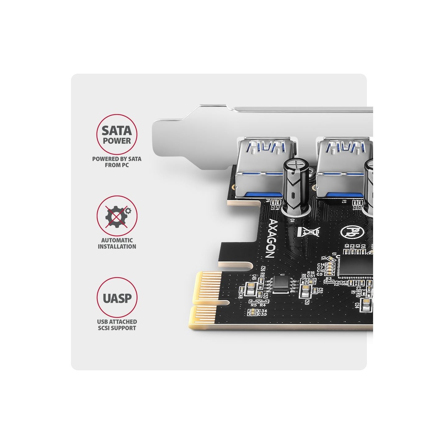 Axagon PCEU-430RS PCIe card - 4x USB 5Gbps port, SATA power, Renesas PD720201, SP