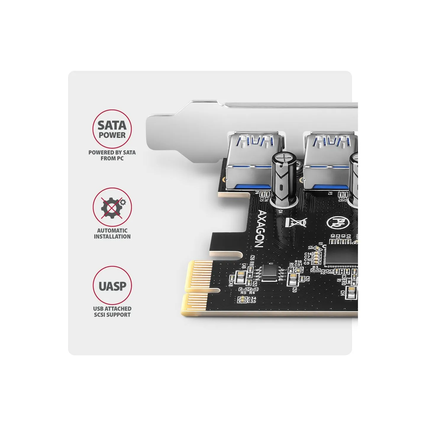 Axagon PCEU-430RS PCIe card - 4x USB 5Gbps port, SATA power, Renesas PD720201, SP