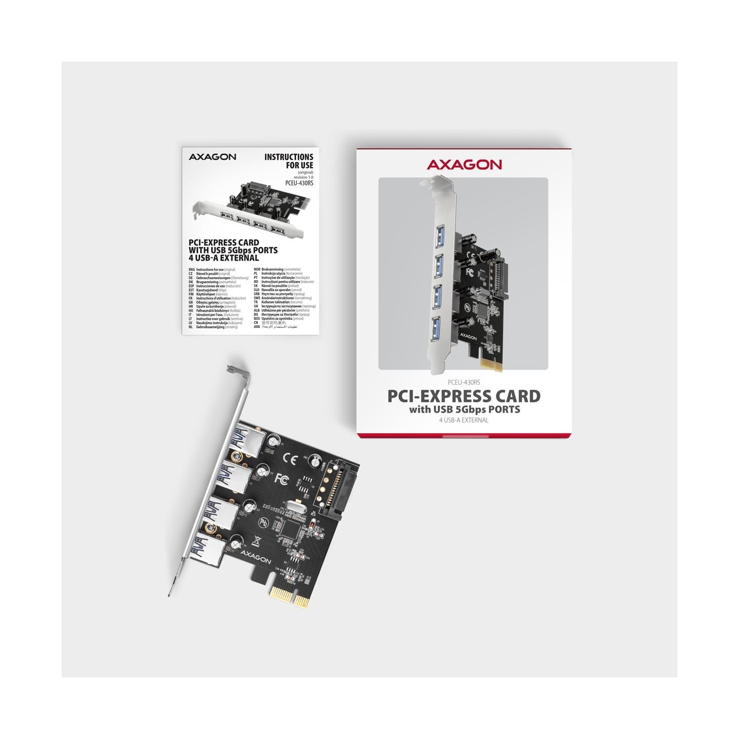 Axagon PCEU-430RS PCIe card - 4x USB 5Gbps port, SATA power, Renesas PD720201, SP
