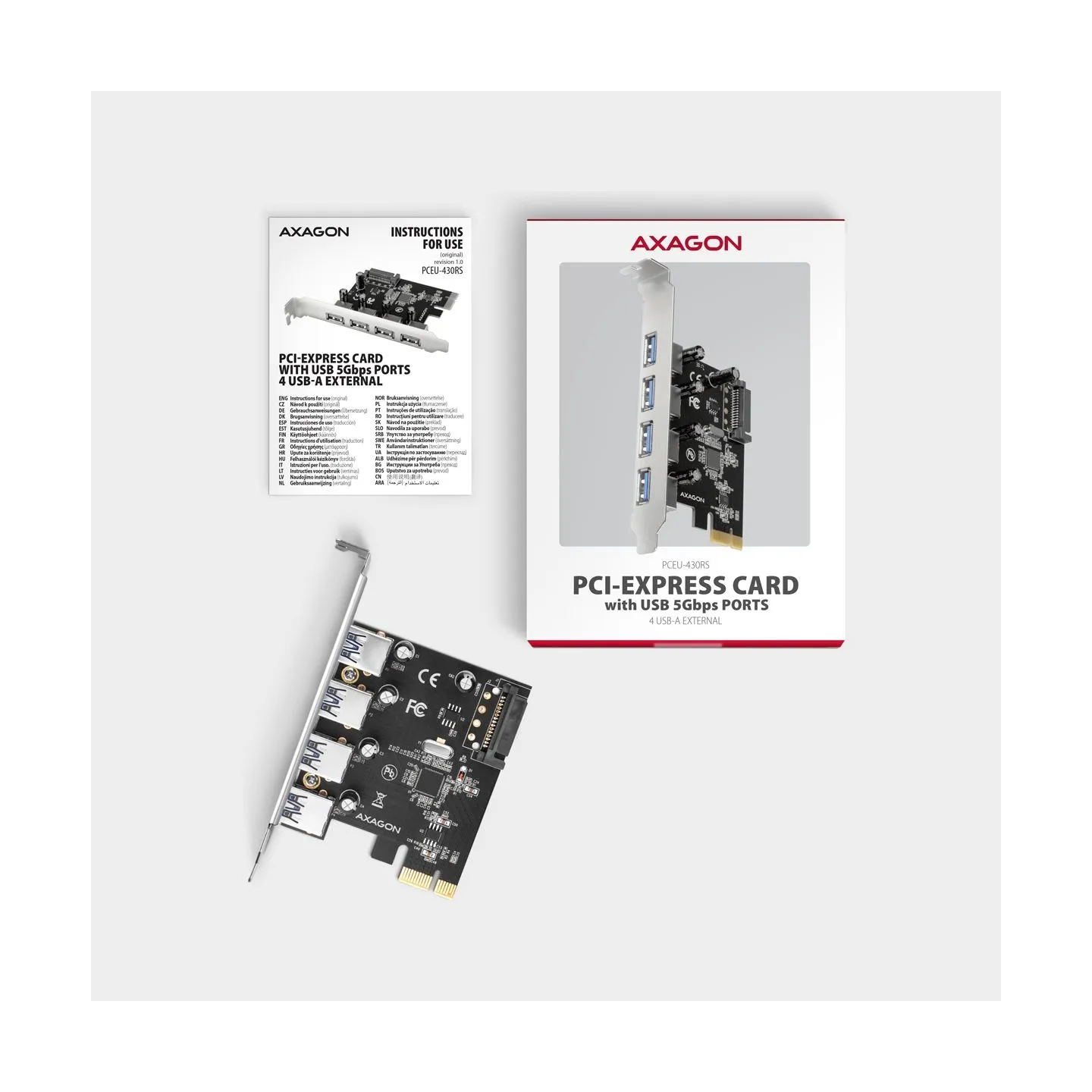 Axagon PCEU-430RS PCIe card - 4x USB 5Gbps port, SATA power, Renesas PD720201, SP