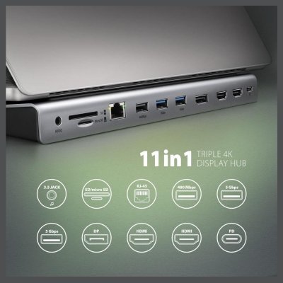 Axagon HMC-4KX3 3x USB- A/2xHDMI/DP/GLAN/SD/PD