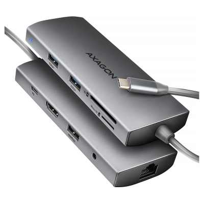 Axagon HMC-8HLSA USB-C 3.2 Gen 1 hub, 3x USB-A + 4K/30Hz HDMI + SD/microSD, GLAN, Audio, PD 100W, 20cm USB-C cable