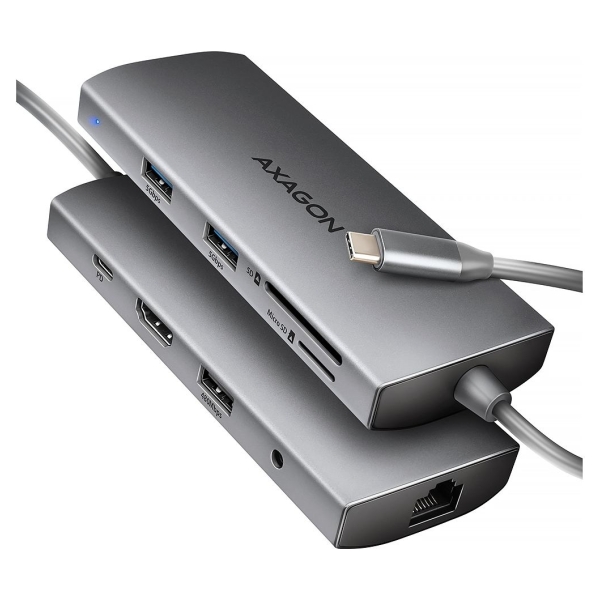 Axagon HMC-8HLSA USB-C 3.2 Gen 1 hub, 3x USB-A + 4K/30Hz HDMI + SD/microSD, GLAN, Audio, PD 100W, 20cm USB-C cable