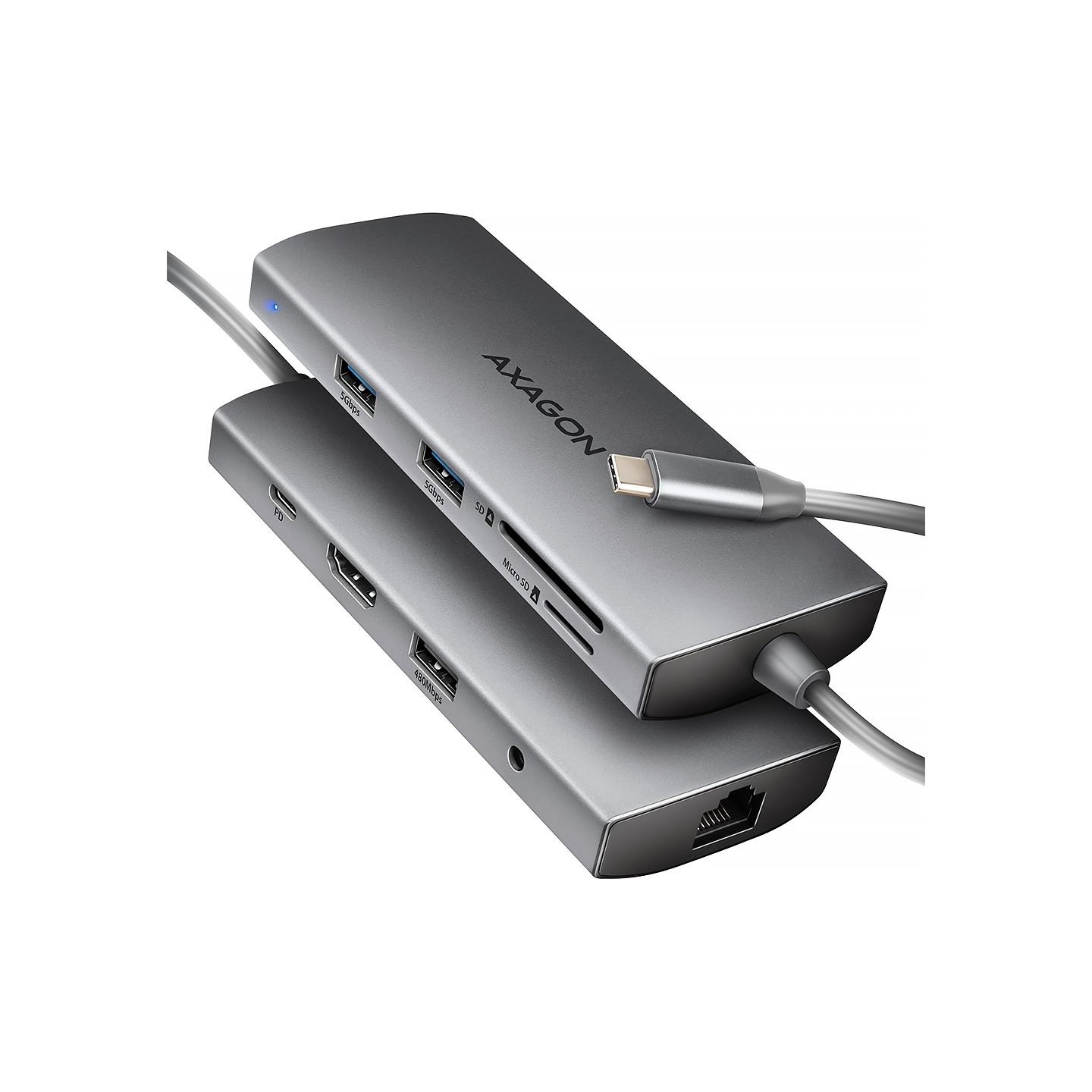 Axagon HMC-8HLSA USB-C 3.2 Gen 1 hub, 3x USB-A + 4K/30Hz HDMI + SD/microSD, GLAN, Audio, PD 100W, 20cm USB-C cable