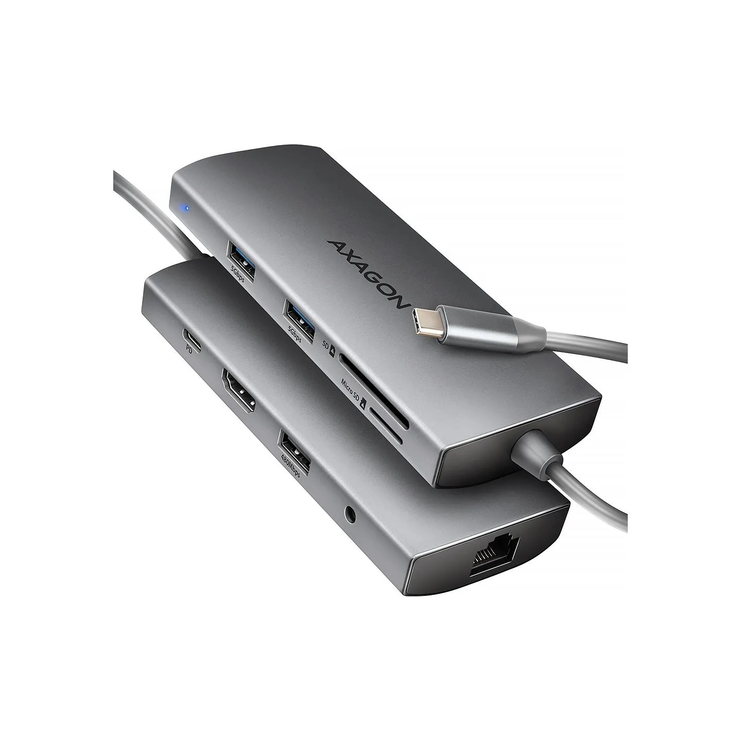 Axagon HMC-8HLSA USB-C 3.2 Gen 1 hub, 3x USB-A + 4K/30Hz HDMI + SD/microSD, GLAN, Audio, PD 100W, 20cm USB-C cable
