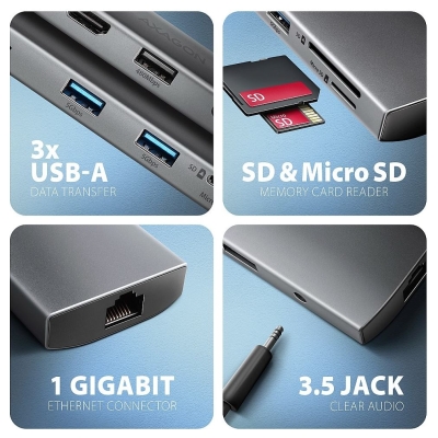 Axagon HMC-8HLSA USB hub 8in1 5Gbps HDMI audio LAN PD