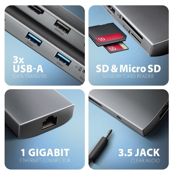 Axagon HMC-8HLSA USB-C 3.2 Gen 1 hub, 3x USB-A + 4K/30Hz HDMI + SD/microSD, GLAN, Audio, PD 100W, 20cm USB-C cable