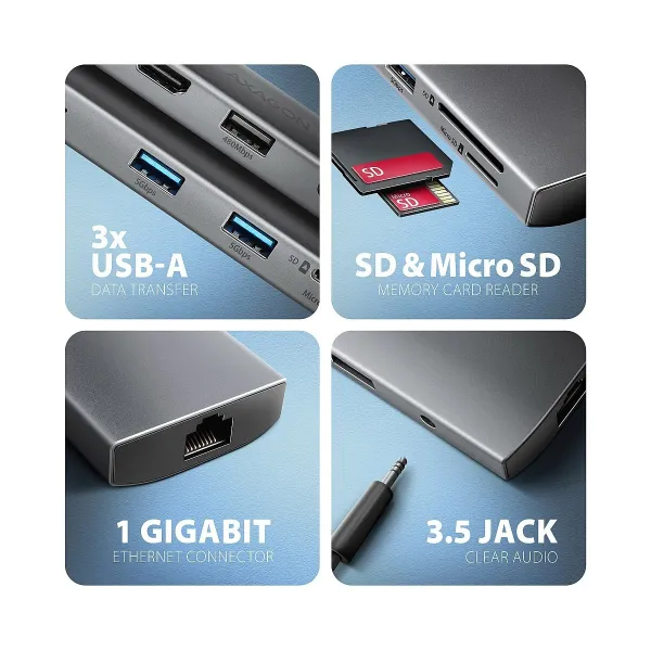 Axagon HMC-8HLSA USB hub 8in1 5Gbps HDMI audio LAN PD