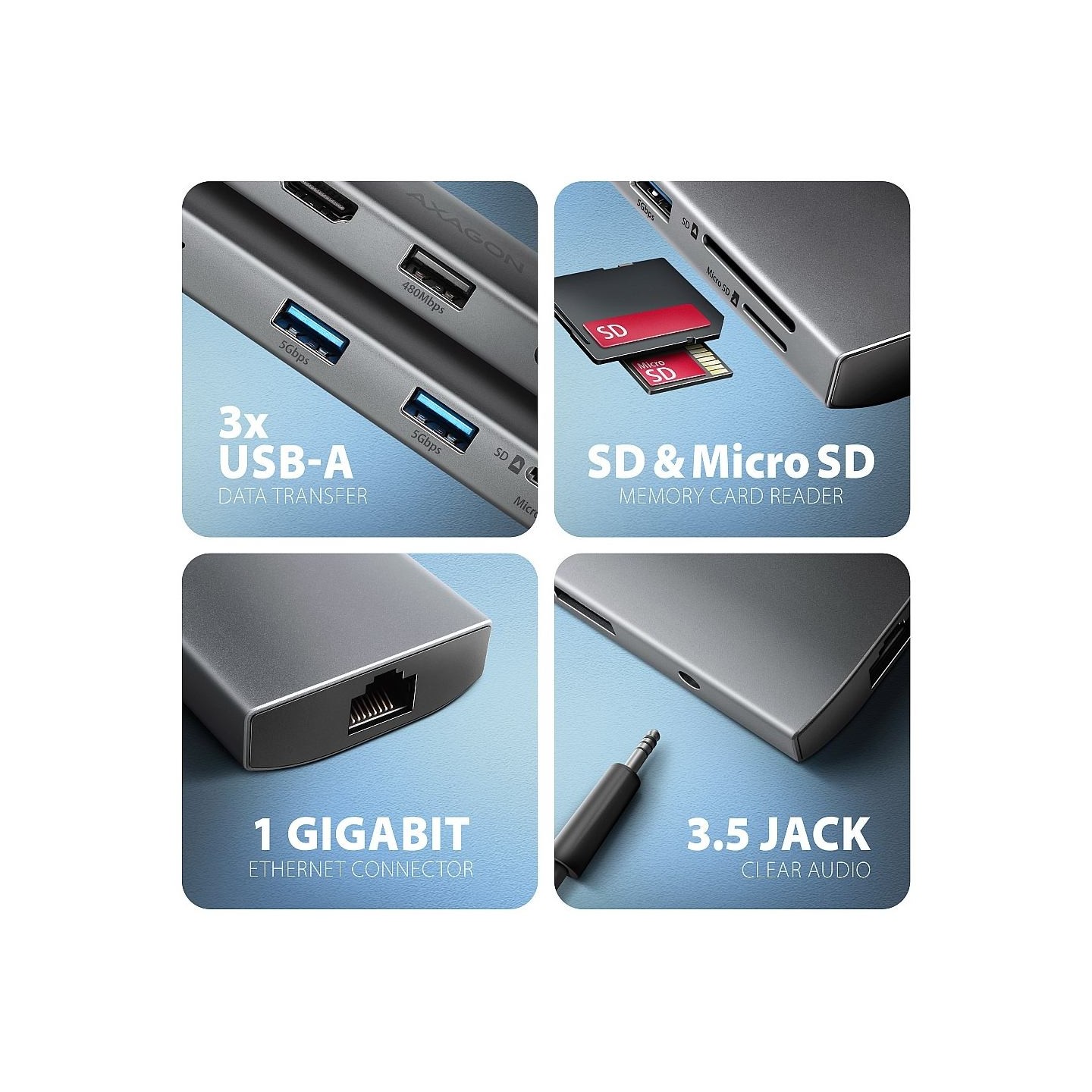 Axagon HMC-8HLSA USB-C 3.2 Gen 1 hub, 3x USB-A + 4K/30Hz HDMI + SD/microSD, GLAN, Audio, PD 100W, 20cm USB-C cable