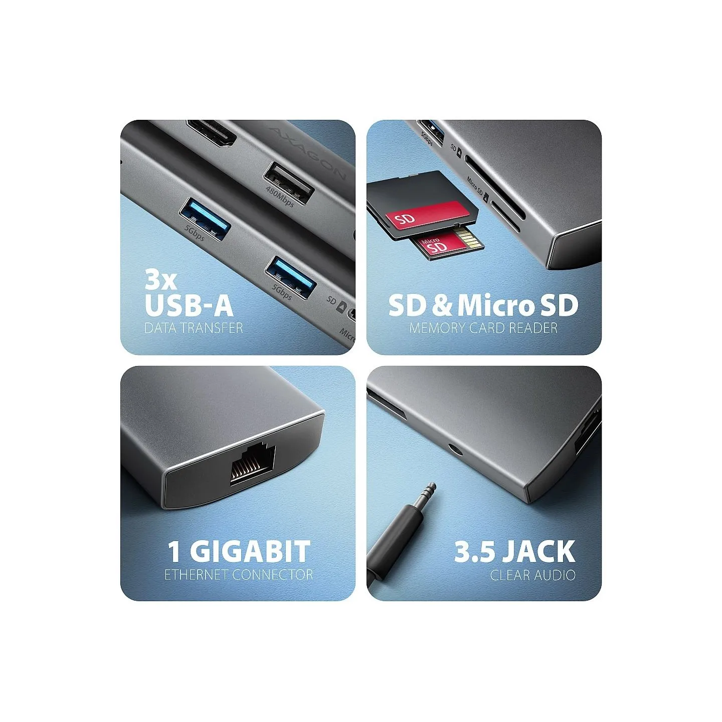 Axagon HMC-8HLSA USB hub 8in1 5Gbps HDMI audio LAN PD