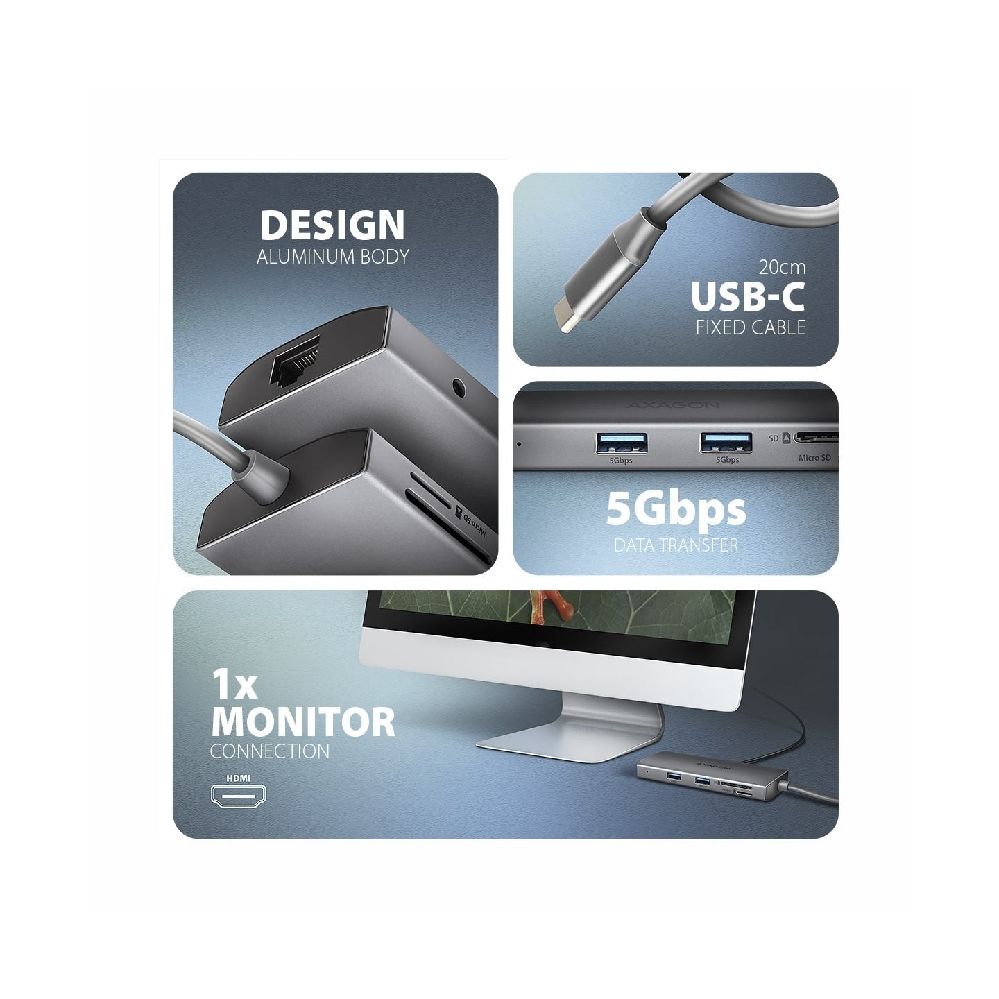 Axagon HMC-8HLSA USB hub 8in1 5Gbps HDMI audio LAN PD