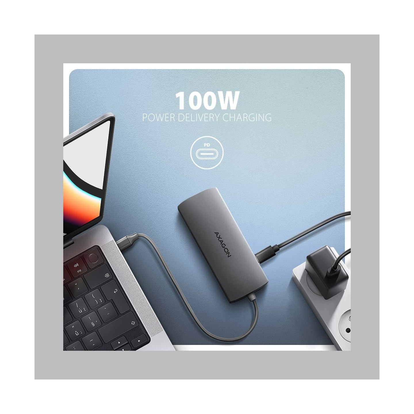 Axagon HMC-8HLSA USB-C 3.2 Gen 1 hub, 3x USB-A + 4K/30Hz HDMI + SD/microSD, GLAN, Audio, PD 100W, 20cm USB-C cable