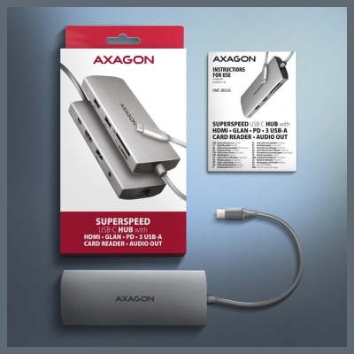 Axagon HMC-8HLSA USB hub 8in1 5Gbps HDMI audio LAN PD
