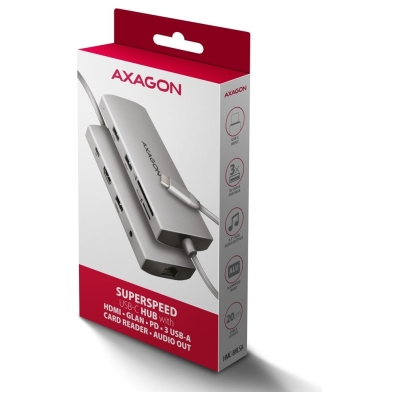 Axagon HMC-8HLSA USB hub 8in1 5Gbps HDMI audio LAN PD