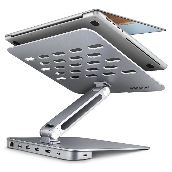 Axagon HMC-STND ALU stand with HUB 5Gbps, for 10" - 16" laptops, adjustable, 3x USB-A, HDMI 4K/60Hz, GLAN, PD 100W, USB-C input