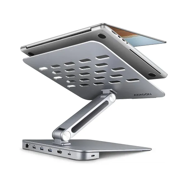 Axagon HMC-STND ALU stand with HUB 5Gbps, for 10" - 16" laptops, adjustable, 3x USB-A, HDMI 4K/60Hz, GLAN, PD 100W, USB-C input