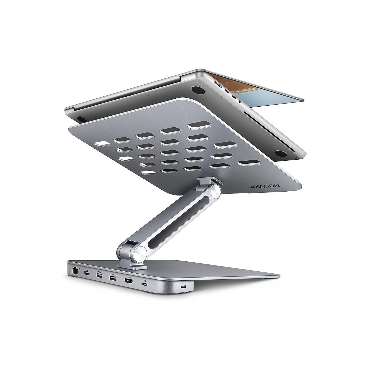 Axagon HMC-STND ALU stand with HUB 5Gbps, for 10" - 16" laptops, adjustable, 3x USB-A, HDMI 4K/60Hz, GLAN, PD 100W, USB-C input