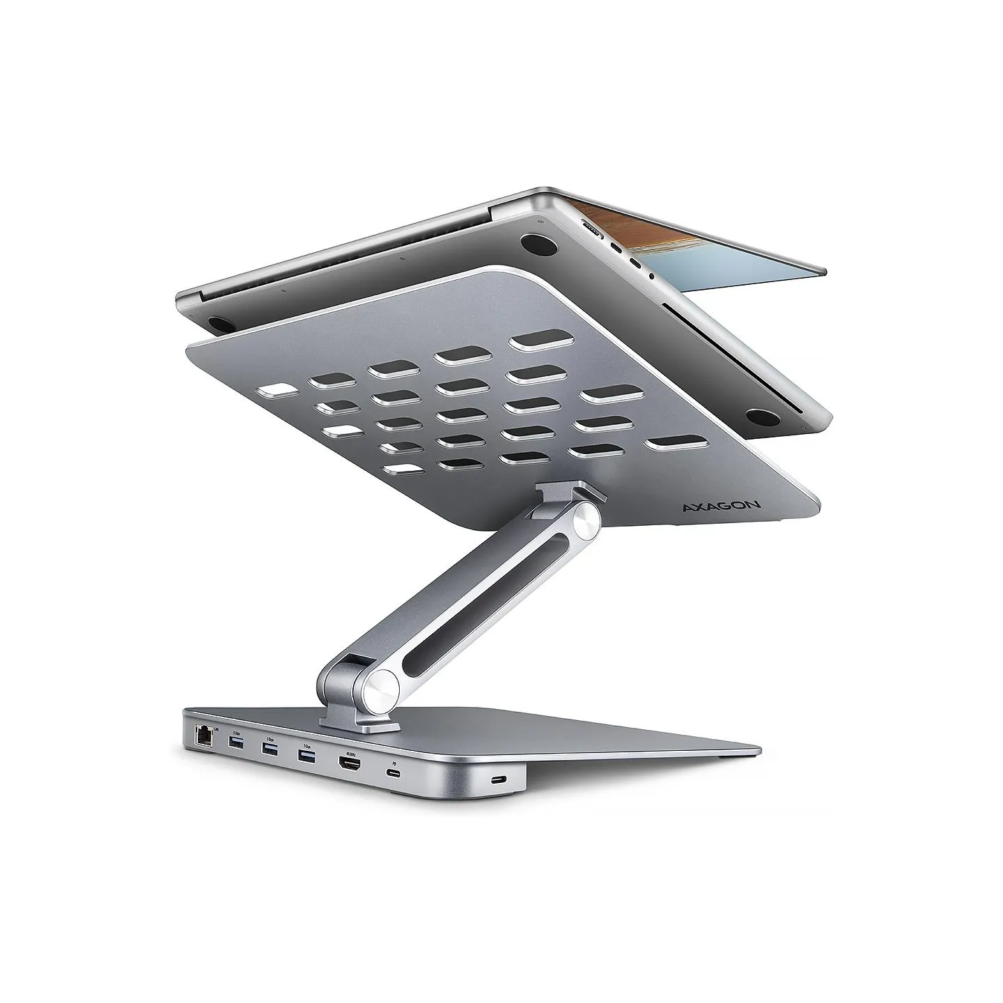 Axagon HMC-STND ALU stand with HUB 5Gbps, for 10" - 16" laptops, adjustable, 3x USB-A, HDMI 4K/60Hz, GLAN, PD 100W, USB-C input