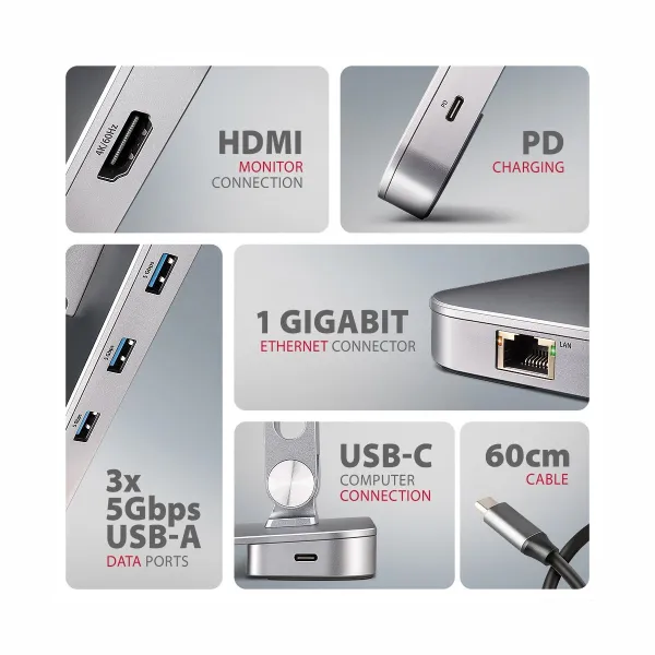 Axagon HMC-STND ALU stand with HUB 5Gbps, for 10" - 16" laptops, adjustable, 3x USB-A, HDMI 4K/60Hz, GLAN, PD 100W, USB-C input