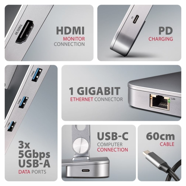 Axagon HMC-STND USB hub 6in1 ALU stand for laptop