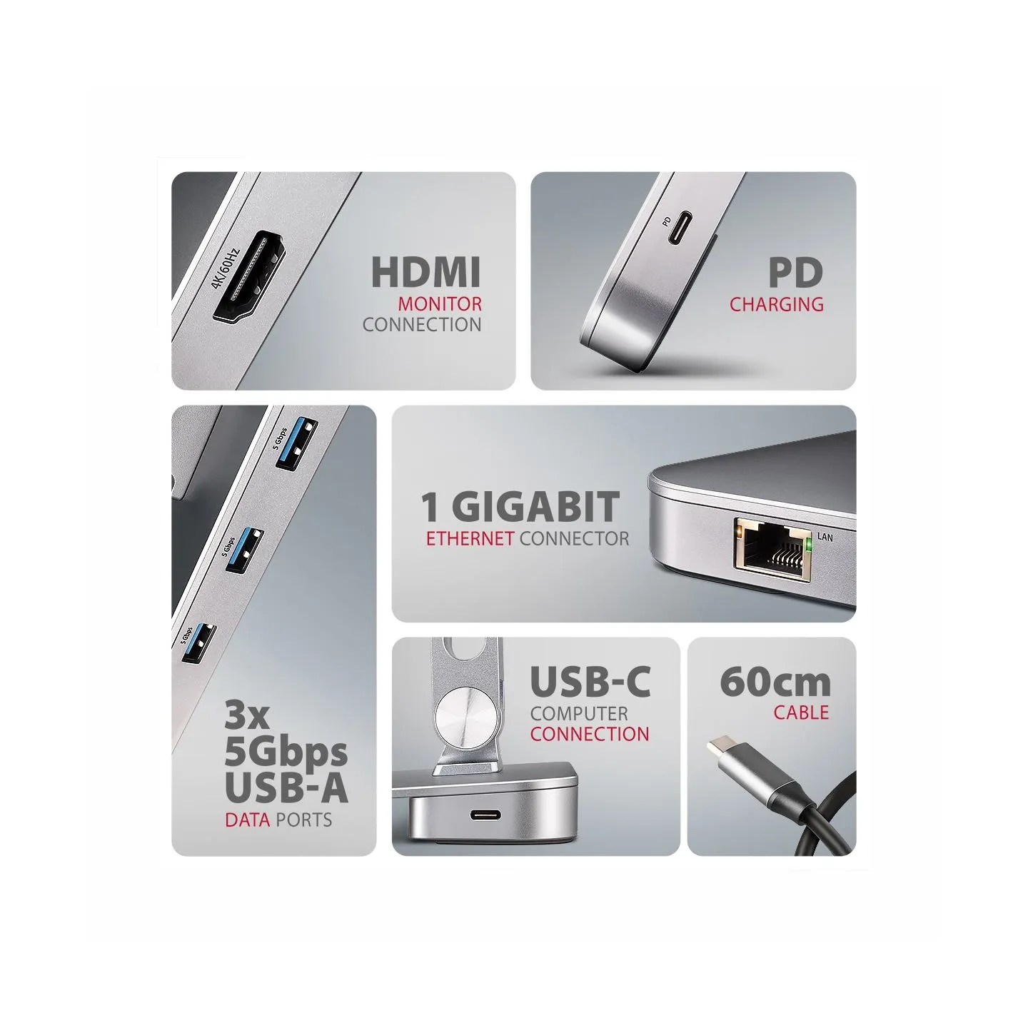 Axagon HMC-STND ALU stand with HUB 5Gbps, for 10" - 16" laptops, adjustable, 3x USB-A, HDMI 4K/60Hz, GLAN, PD 100W, USB-C input
