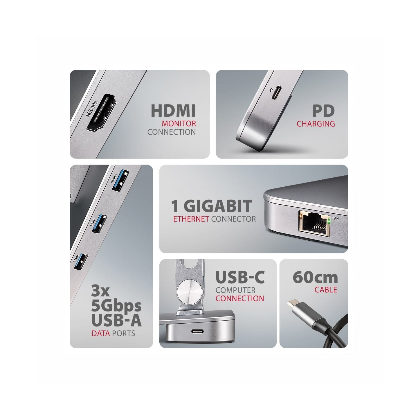 Axagon HMC-STND USB hub 6in1 ALU stand for laptop