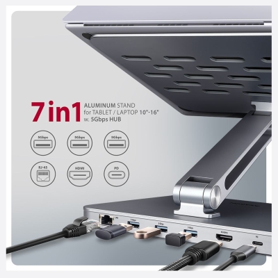 Axagon HMC-STND USB hub 6in1 ALU stand for laptop