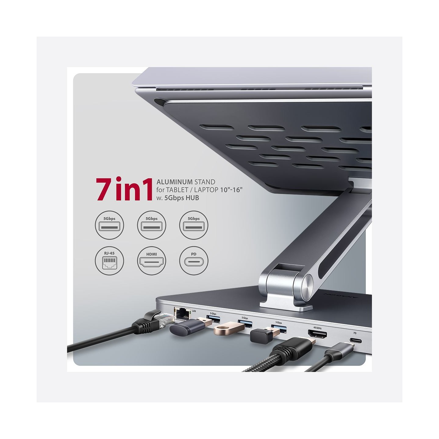 Axagon HMC-STND ALU stand with HUB 5Gbps, for 10" - 16" laptops, adjustable, 3x USB-A, HDMI 4K/60Hz, GLAN, PD 100W, USB-C input