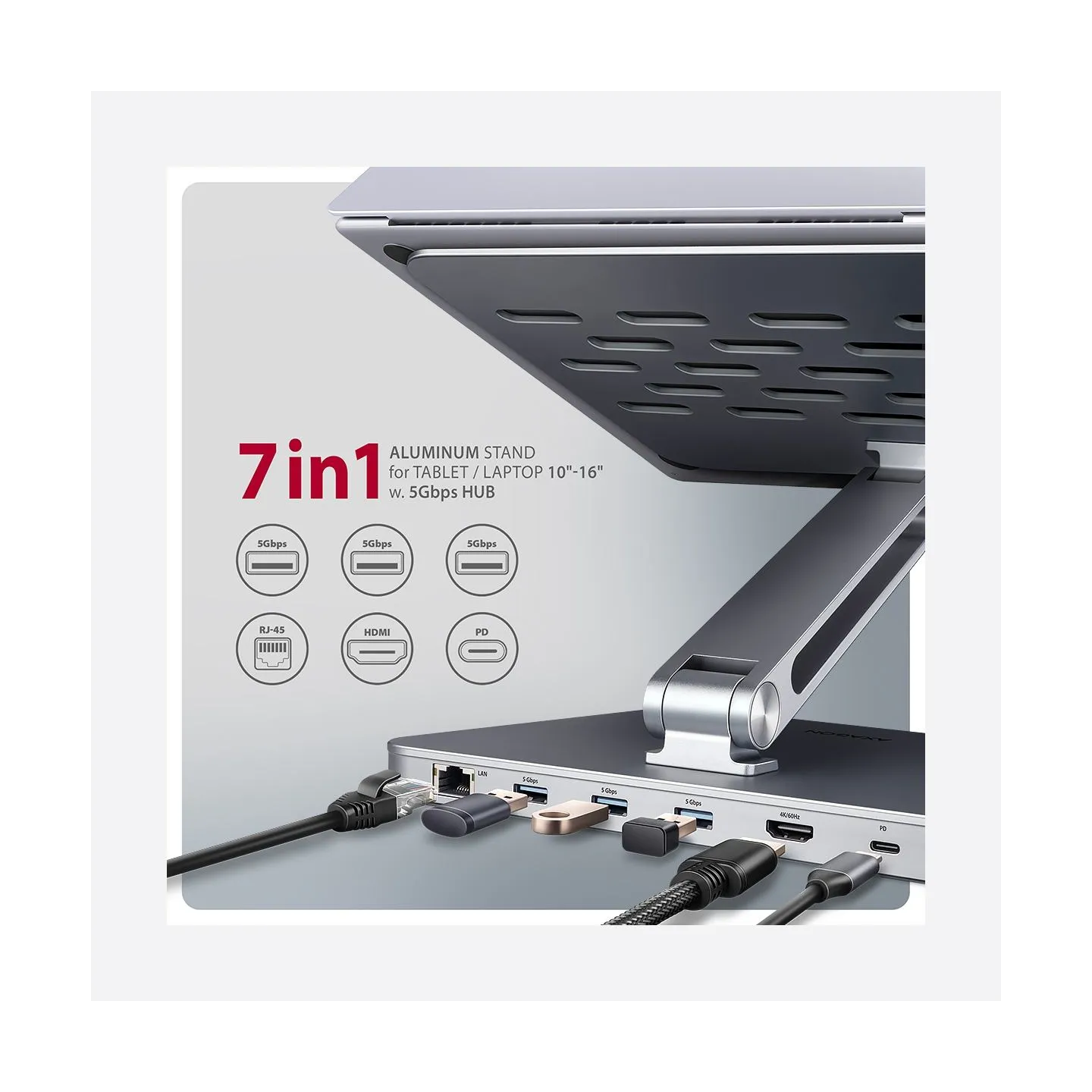 Axagon HMC-STND ALU stand with HUB 5Gbps, for 10" - 16" laptops, adjustable, 3x USB-A, HDMI 4K/60Hz, GLAN, PD 100W, USB-C input
